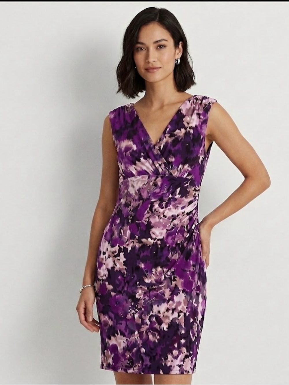 🌟 LAUREN RALPH LAUREN Purple Abstract Floral Ruched Sheath Dress 🌟 Size 12